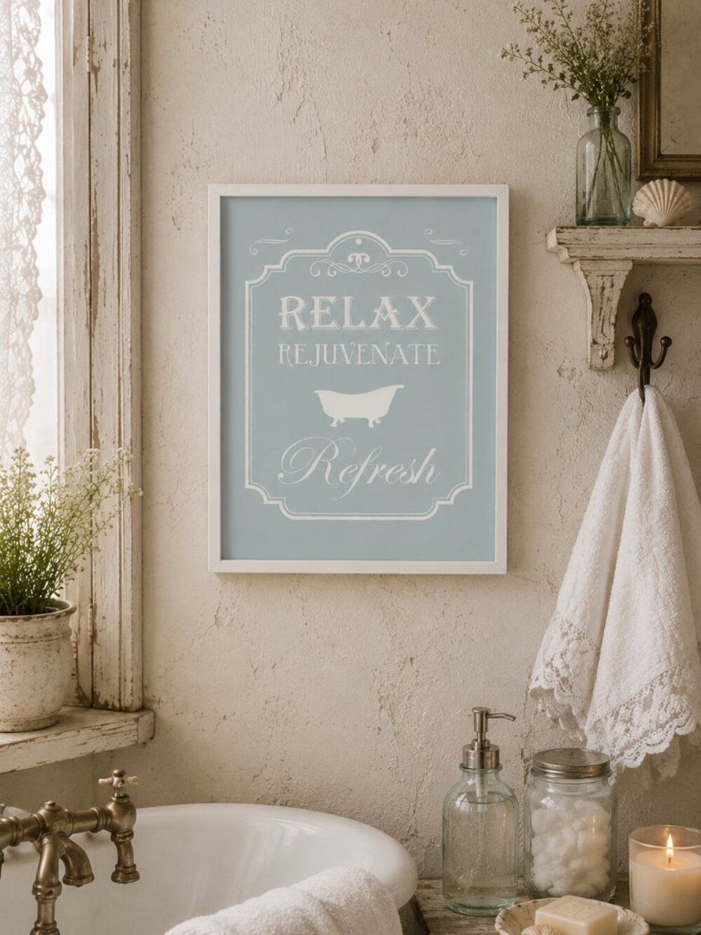 Vintage "Relax Bath" Aqua & White Glass Framed Wall Print Art